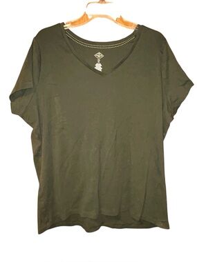 St John’s Bay Womens V Neck T Shirt 2X Green Short Sleeve Cotton